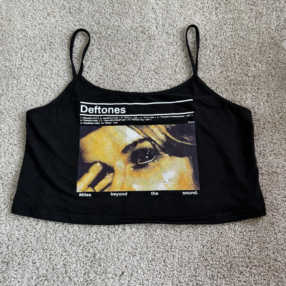 Deftones Tank Top Womens Med Black Scoop Neck Cropped Strappy Band Graphic Rock